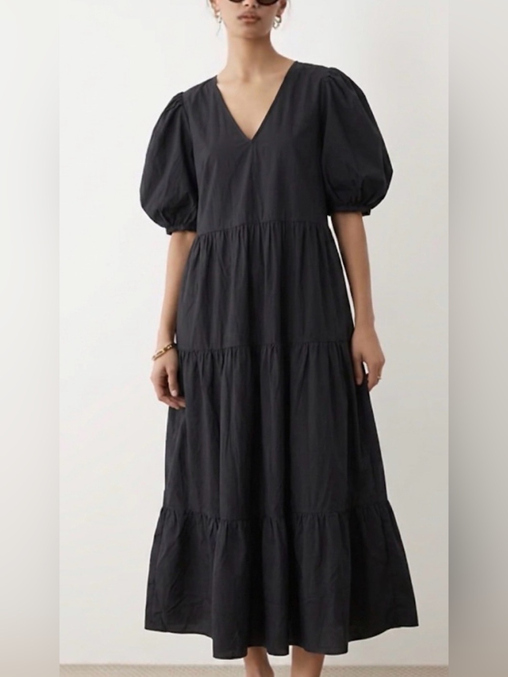 MNG Mango Black Tiered Puff‎ Sleeve Cotton Midi Dress Size 8